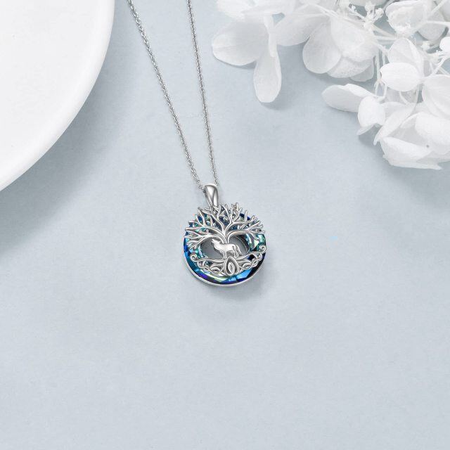 Sterling Silver Circular Shaped Wolf & Tree Of Life Crystal Pendant Necklace-4