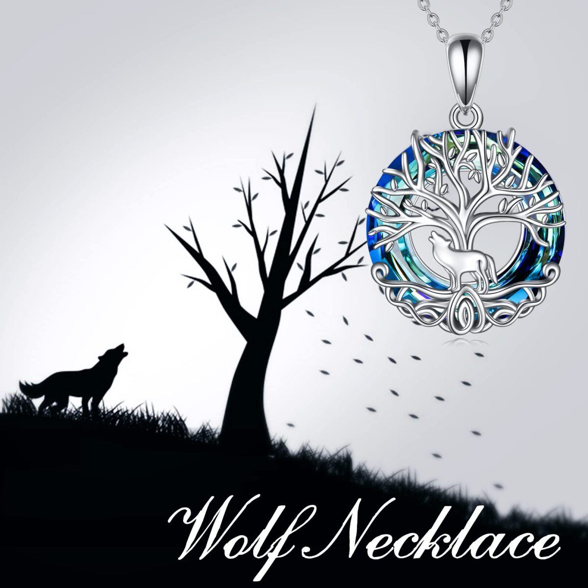 Sterling Silver Circular Shaped Wolf & Tree Of Life Crystal Pendant Necklace-6