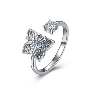 Sterling Silver Circular Shaped Zircon Butterfly Open Ring-22