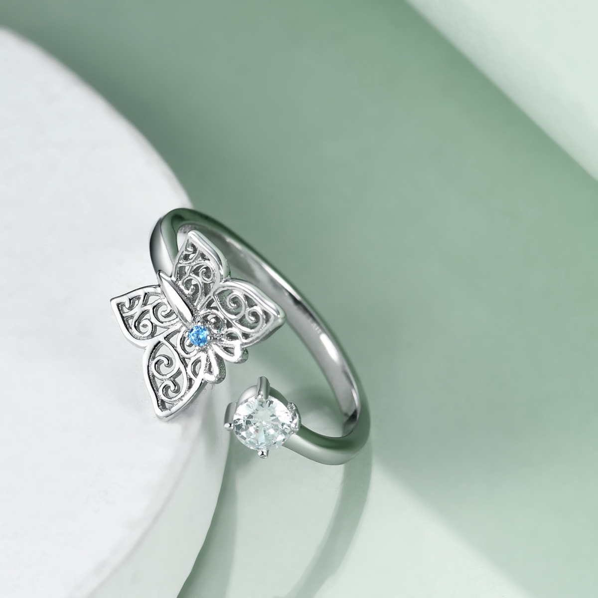 Sterling Silver Circular Shaped Zircon Butterfly Open Ring-3