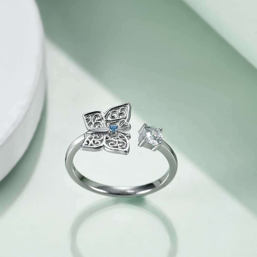 Sterling Silver Round Shaped Zircon Butterfly Open Ring-4