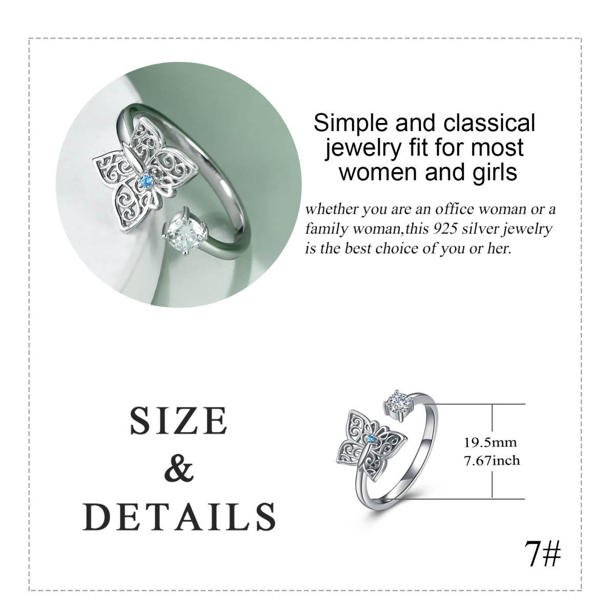 Sterling Silver Circular Shaped Zircon Butterfly Open Ring-5