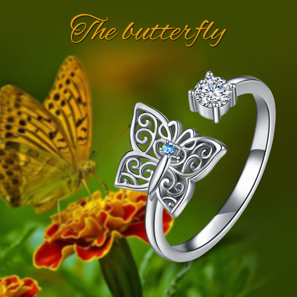 Sterling Silver Round Shaped Zircon Butterfly Open Ring-6