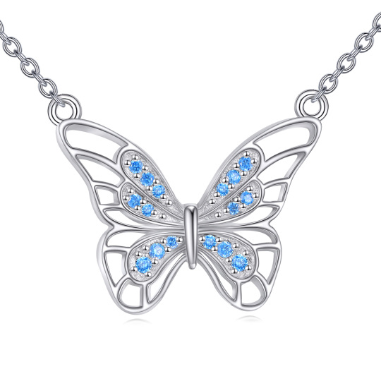 Sterling Silver Circular Shaped Zircon Butterfly Pendant Necklace