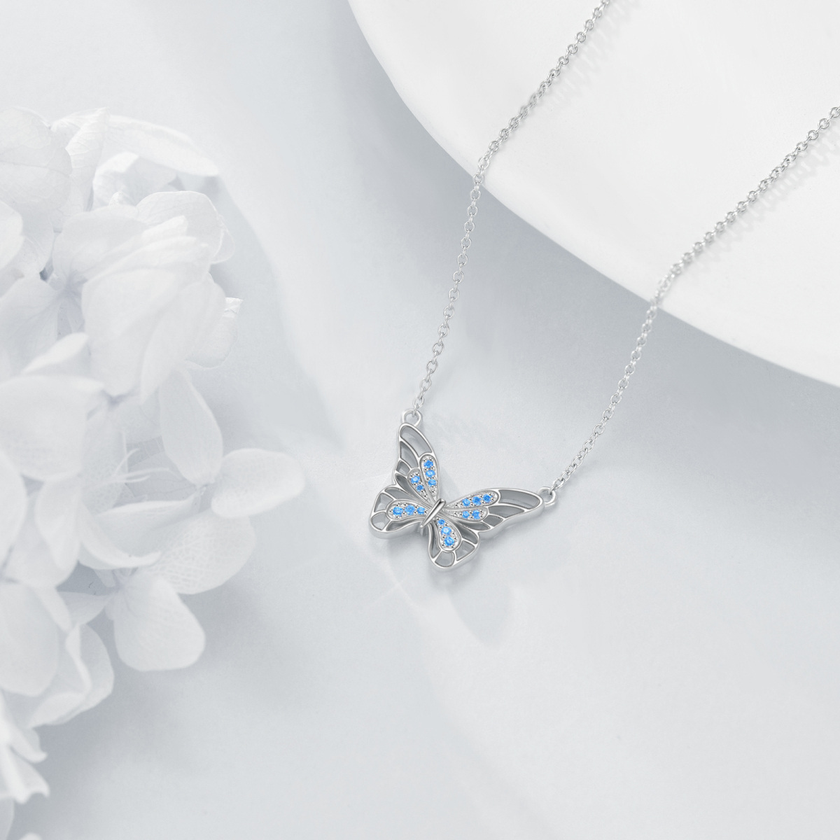 Sterling Silver Circular Shaped Zircon Butterfly Pendant Necklace-3