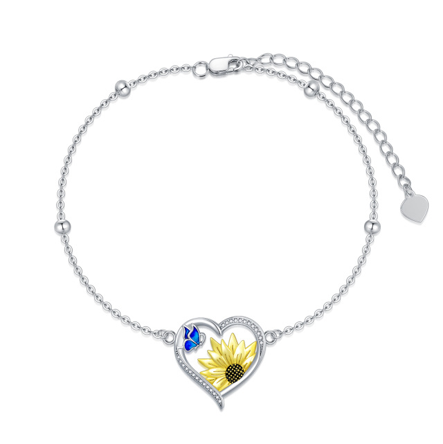 Sterling Silver Circular Shaped Zircon Butterfly & Sunflower & Heart Pendant Bracelet