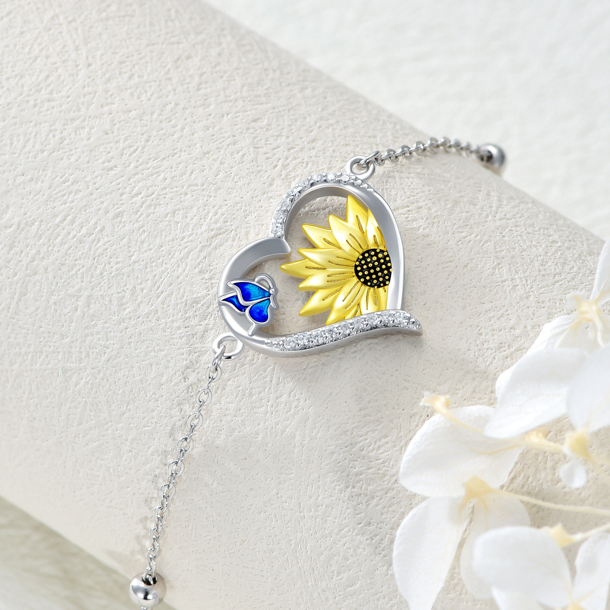 Armband aus Sterlingsilber mit kreisförmigem Zirkon-Schmetterlings-Sonnenblumen-Herz-Anhänger für Damen-3