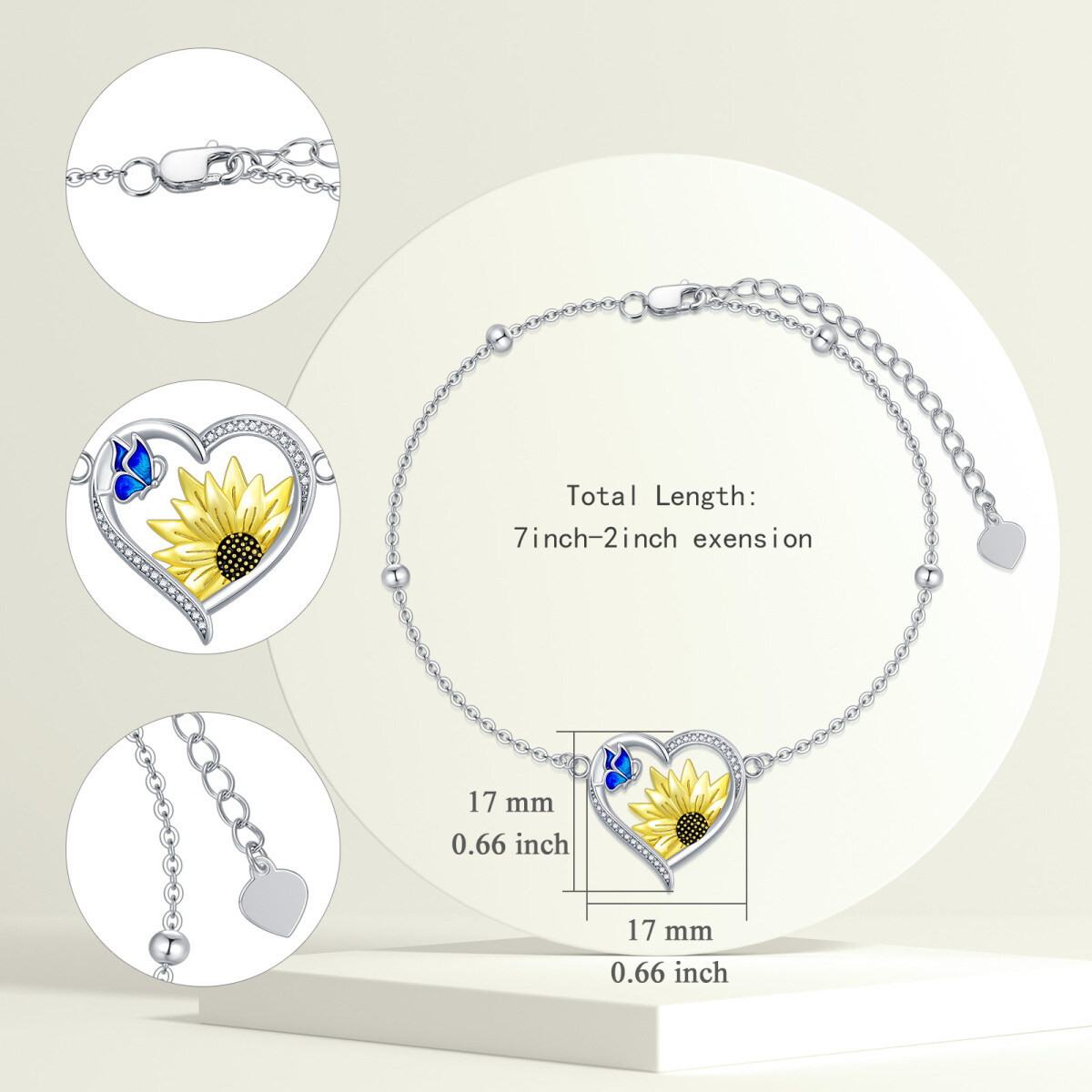 Armband aus Sterlingsilber mit kreisförmigem Zirkon-Schmetterlings-Sonnenblumen-Herz-Anhänger für Damen-5