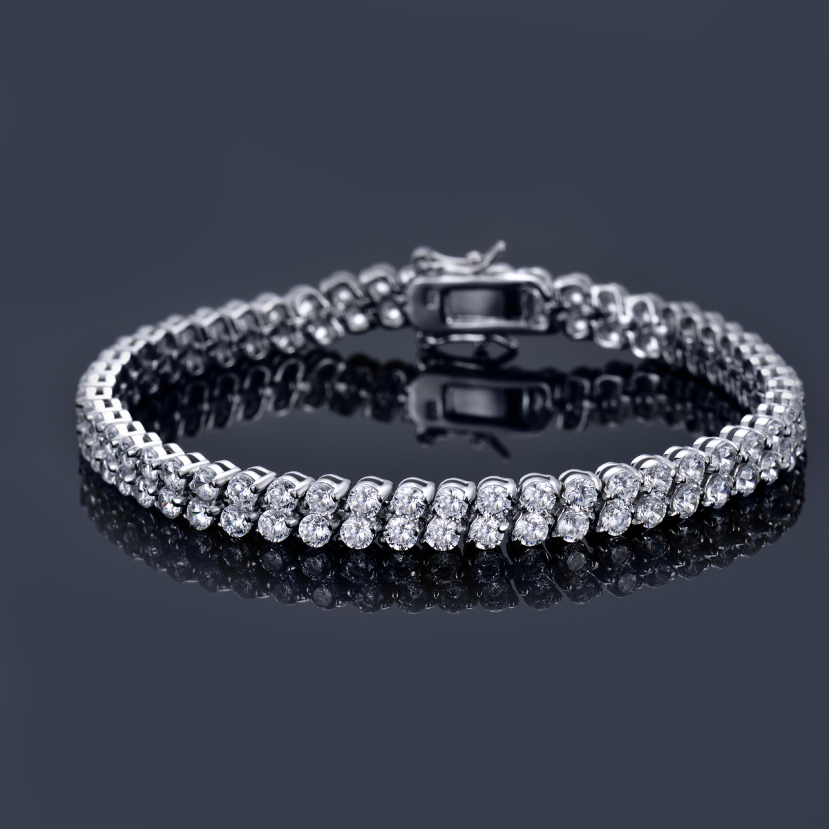 Sterling Silver Circular Shaped Zircon Couple Chain Bracelet-3