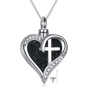 Sterling Silver Circular Shaped Zircon Cross & Heart Urn Necklace for Ashes with Engraved Word-6