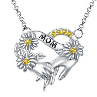 Sterling Silver Circular Shaped Zircon Daisy & Sunflower Heart Pendant Necklace with Engraved Word-2