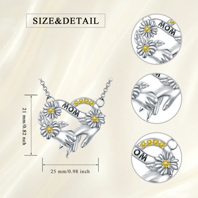 Sterling Silver Circular Shaped Zircon Daisy & Sunflower Heart Pendant Necklace with Engraved Word-5