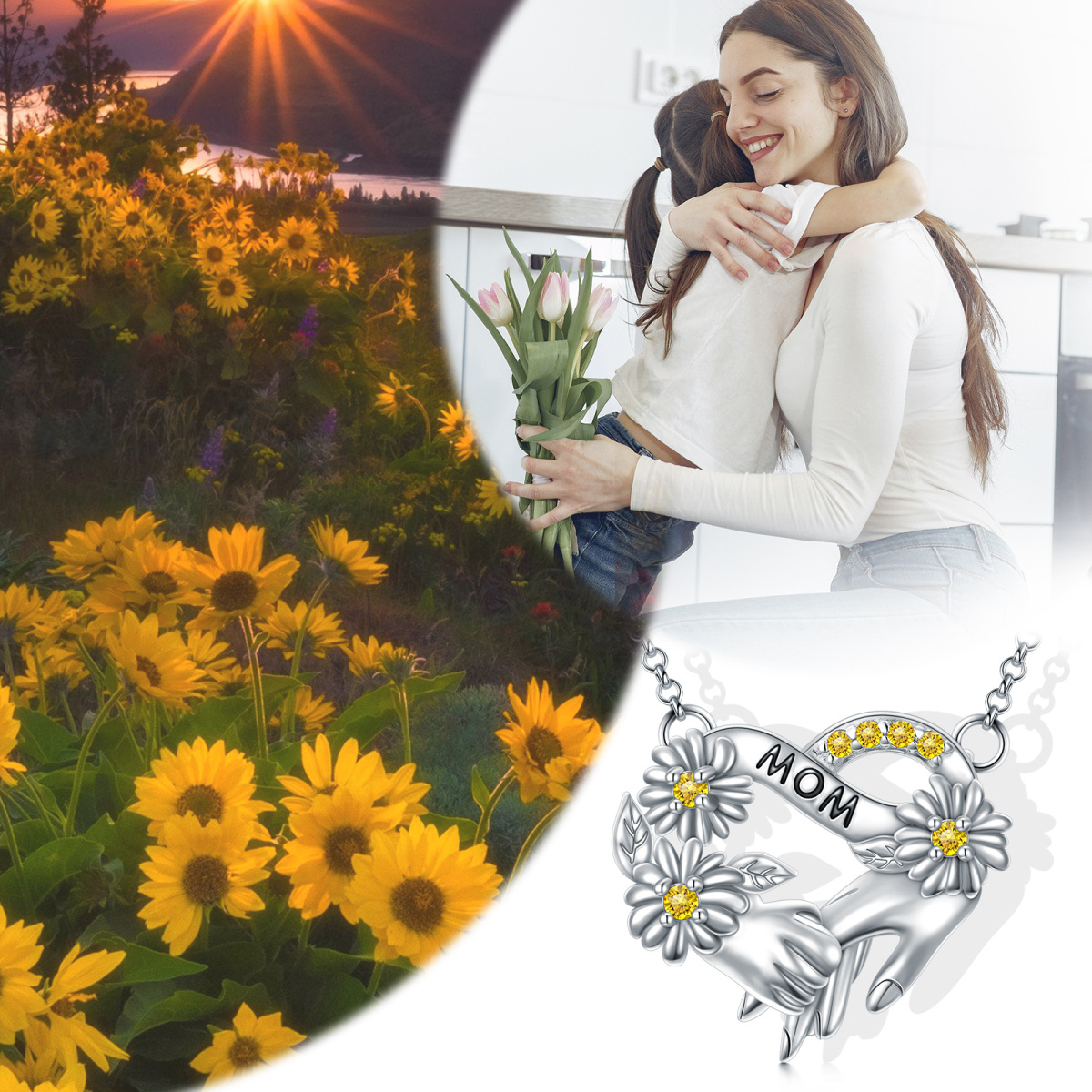 Collier en argent sterling avec pendentif en forme de coeur en Zircon Daisy & Sunflower avec mot gravé-6