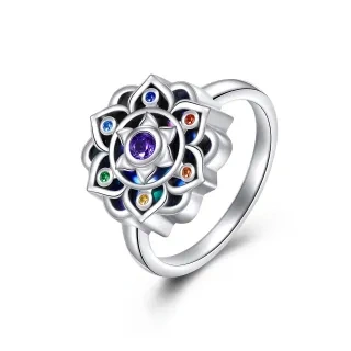 Sterling Silver Circular Shaped Zircon Lotus Ring-15