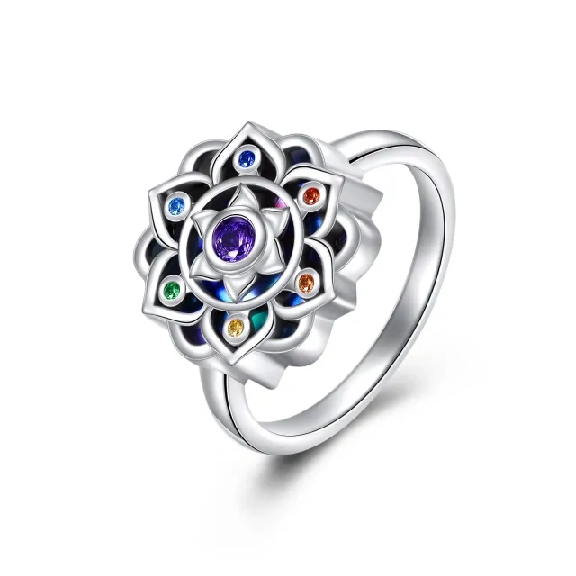 Anello in argento sterling con zircone circolare a forma di loto