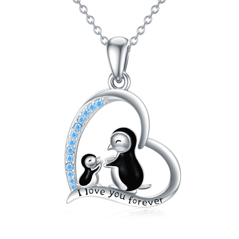 Sterling Silver Circular Shaped Zircon Penguin Pendant Necklace with Engraved Word-13