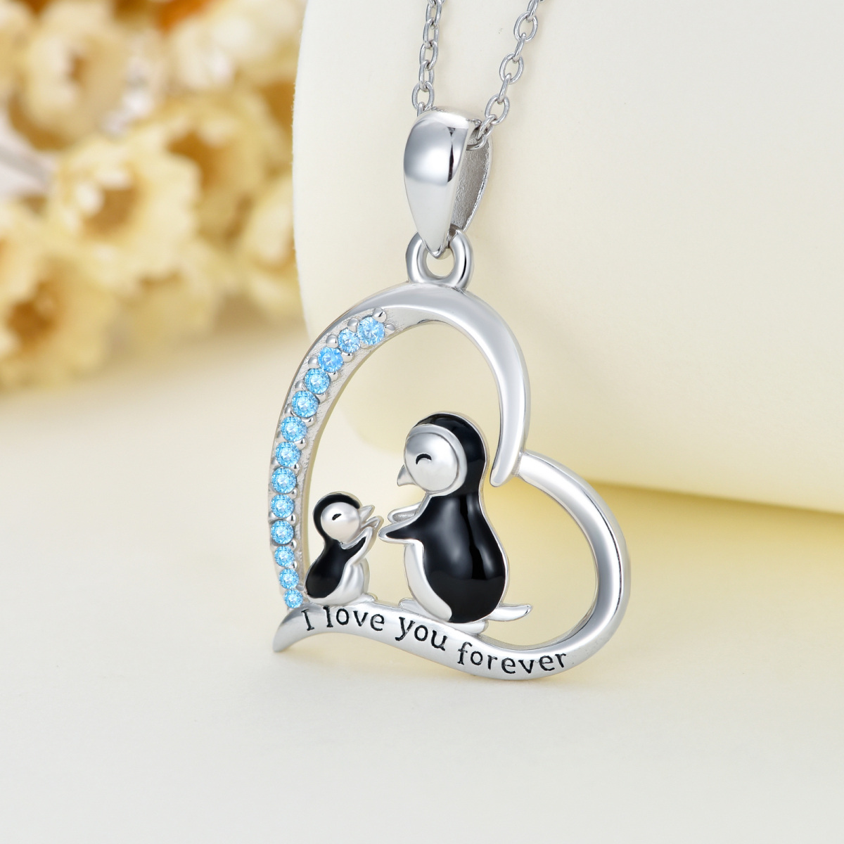 Sterling Silver Circular Shaped Zircon Penguin Pendant Necklace with Engraved Word-3