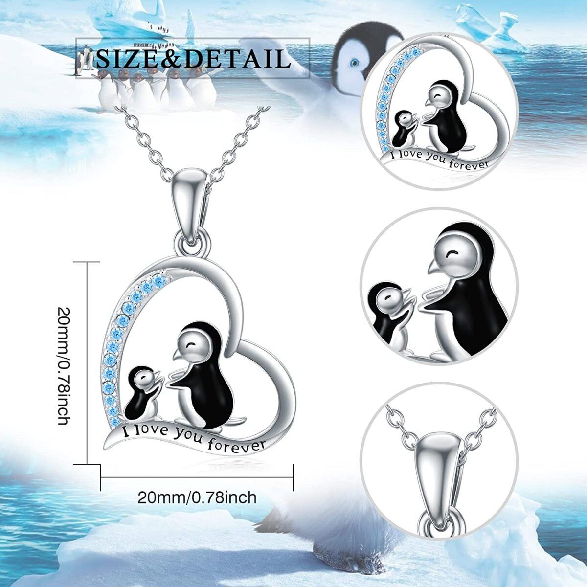 Sterling Silver Circular Shaped Zircon Penguin Pendant Necklace with Engraved Word-5