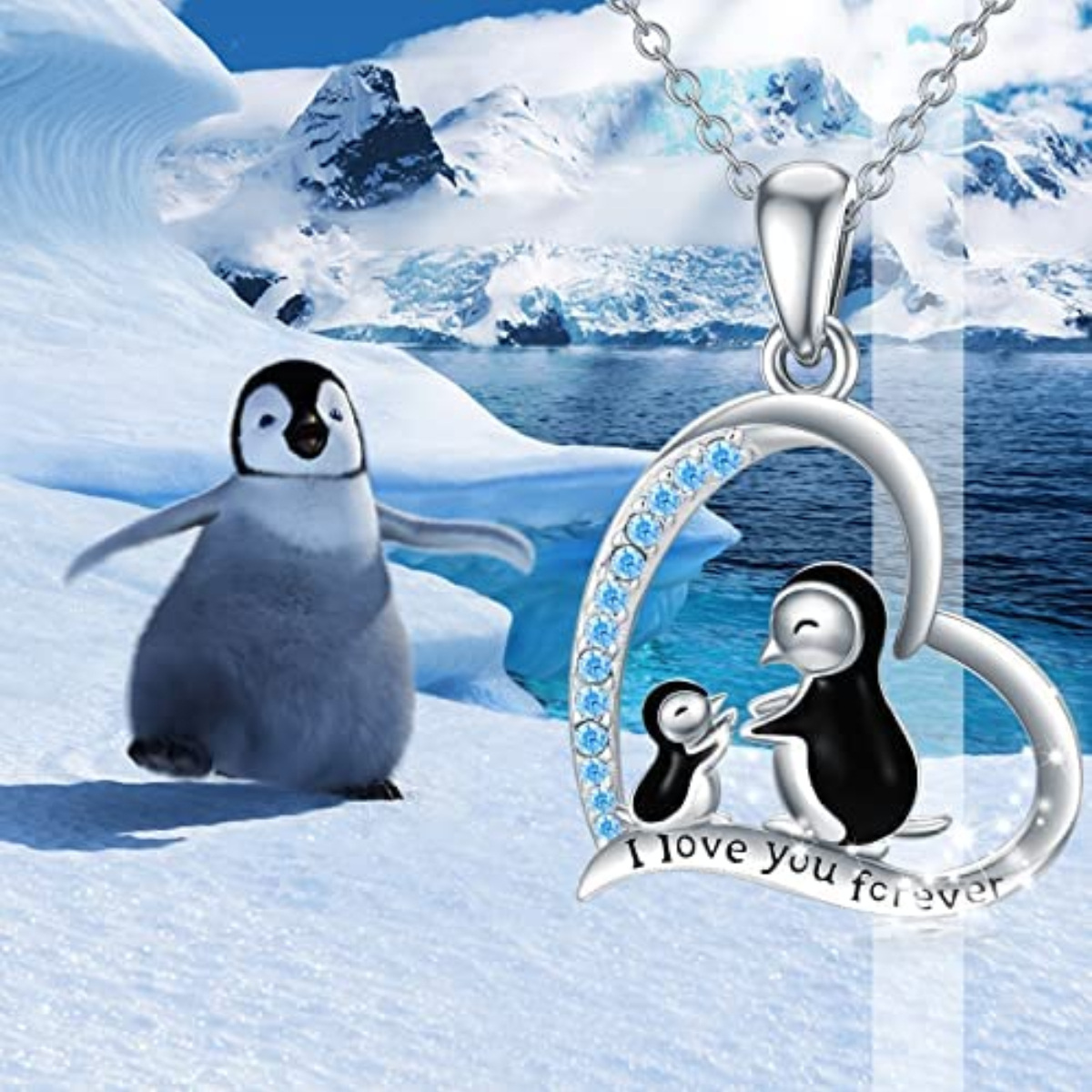 Sterling zilveren cirkelvormige zirkoon pinguïn hanger ketting met gegraveerd woord-6