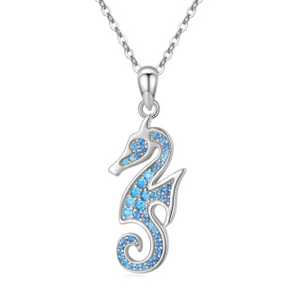 Sterling Silver Circular Shaped Zircon Seahorse Pendant Necklace-2