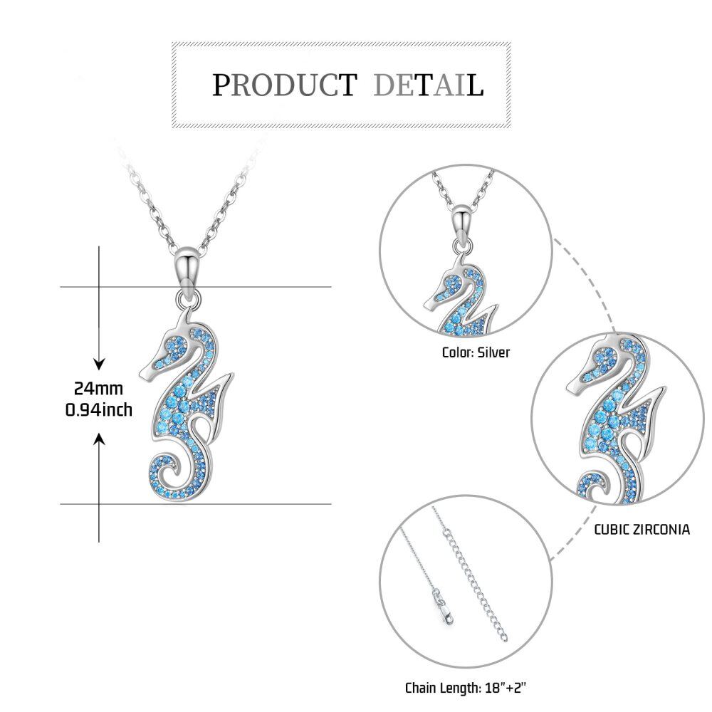Sterling Silver Circular Shaped Zircon Seahorse Pendant Necklace-6