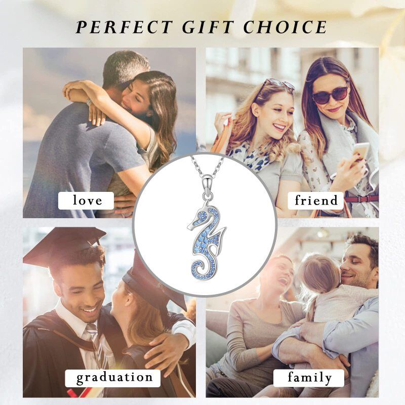 Collar de plata de ley con forma circular de circonitas y caballito de mar-7