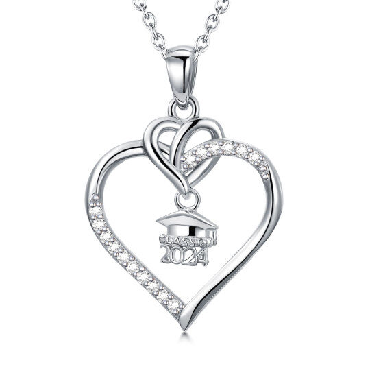 Sterling Silver Circular Cubic Zirconia Trencher Cap & Heart Pendant Necklace