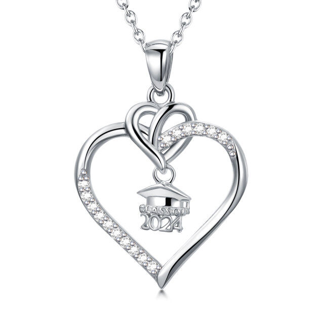 Sterling Silver Circular Cubic Zirconia Trencher Cap & Heart Pendant Necklace-1