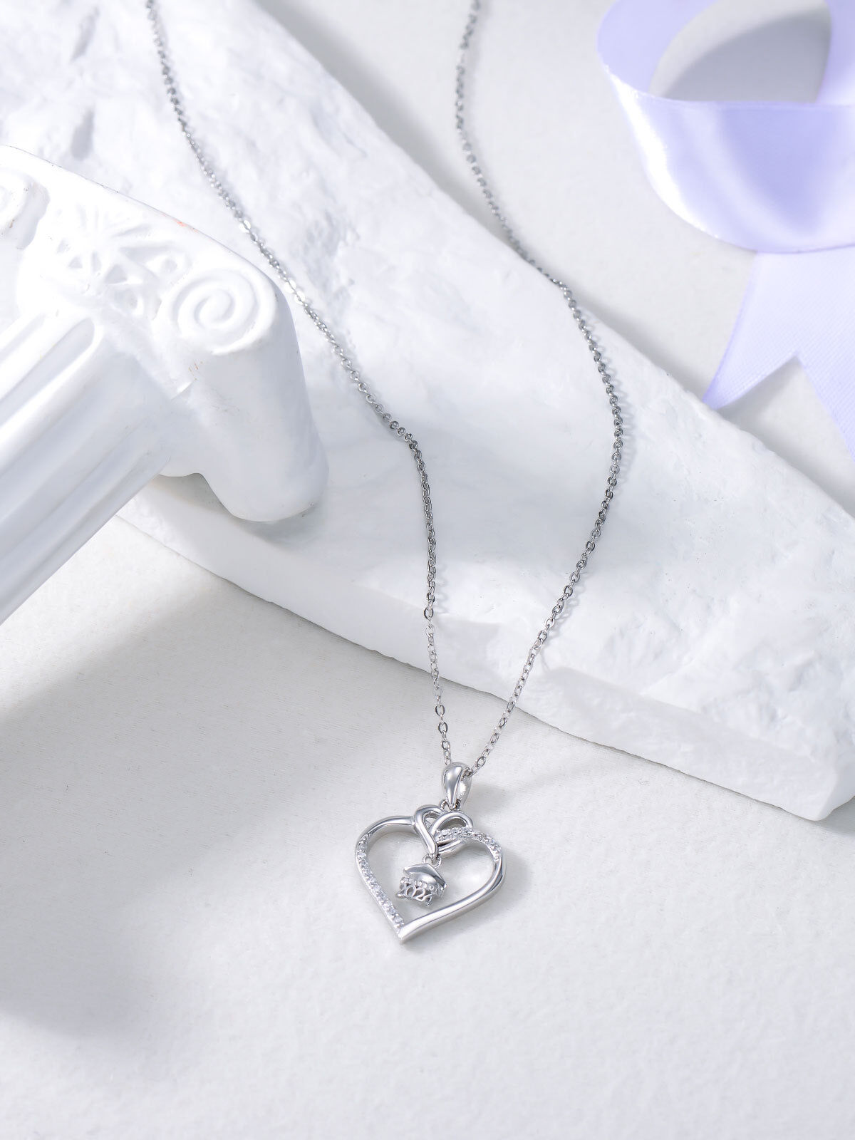 Sterling Silver Circular Cubic Zirconia Trencher Cap & Heart Pendant Necklace-4