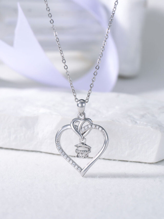 Sterling Silver Circular Cubic Zirconia Trencher Cap & Heart Pendant Necklace-5