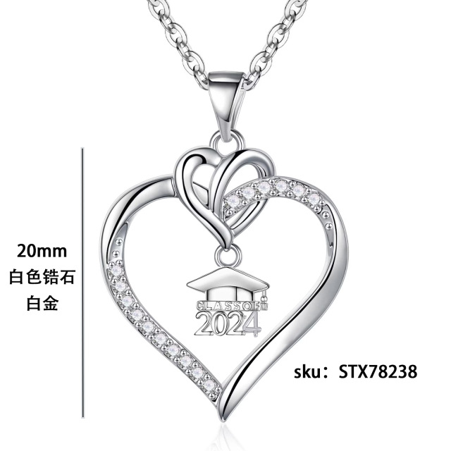 Sterling Silver Circular Cubic Zirconia Trencher Cap & Heart Pendant Necklace-6