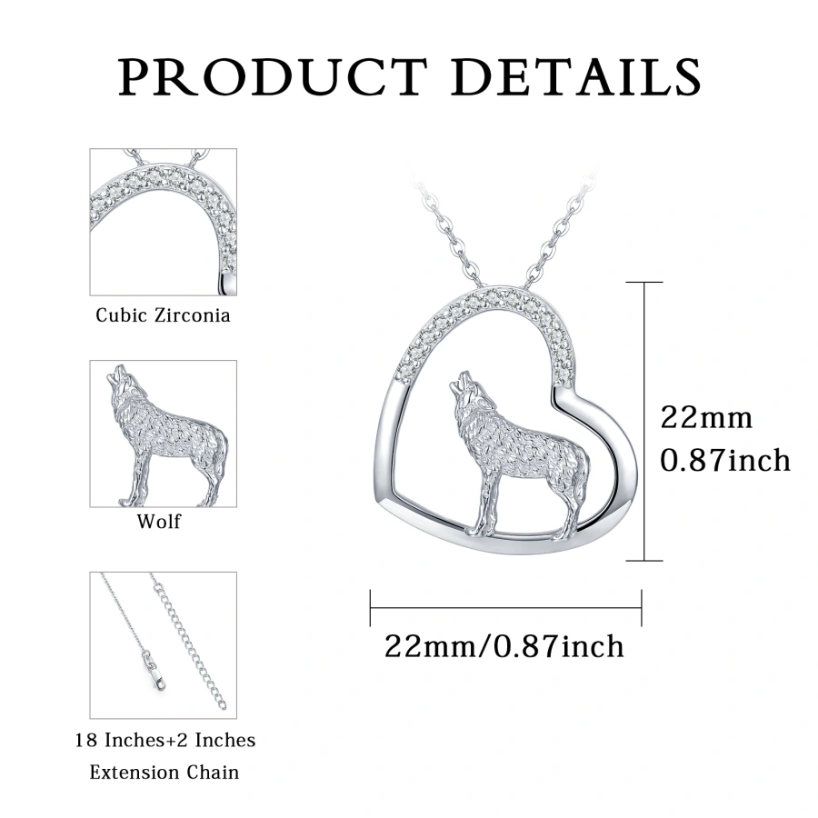 Collar de plata de ley con forma de corazón de lobo y circonita cúbica circular para mujer-4