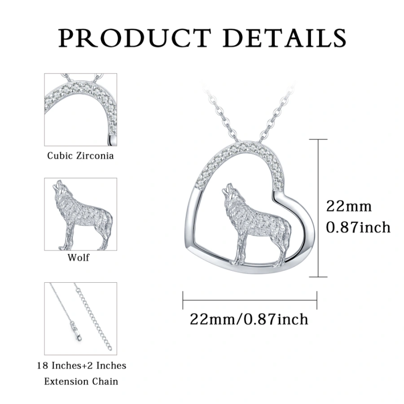 Sterling Silver Circular Cubic Zirconia Wolf & Heart Necklace for Women-4