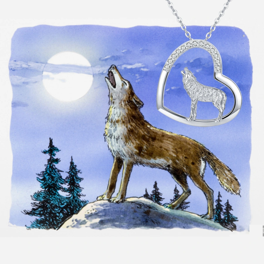 Sterling Silver Circular Cubic Zirconia Wolf & Heart Necklace for Women-5