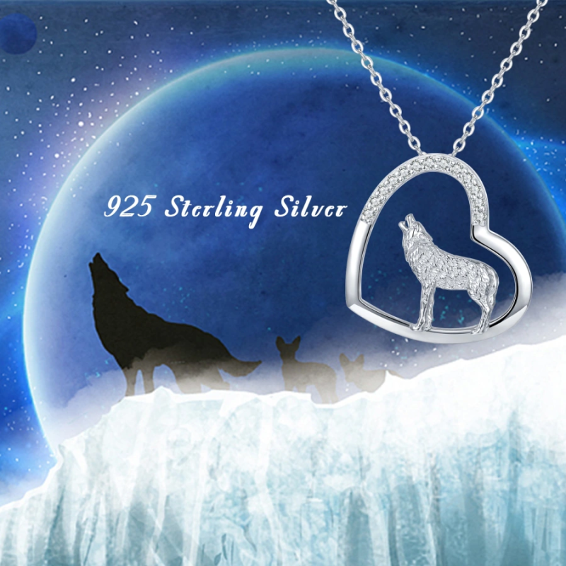 Sterling Silver Circular Cubic Zirconia Wolf & Heart Necklace for Women-6