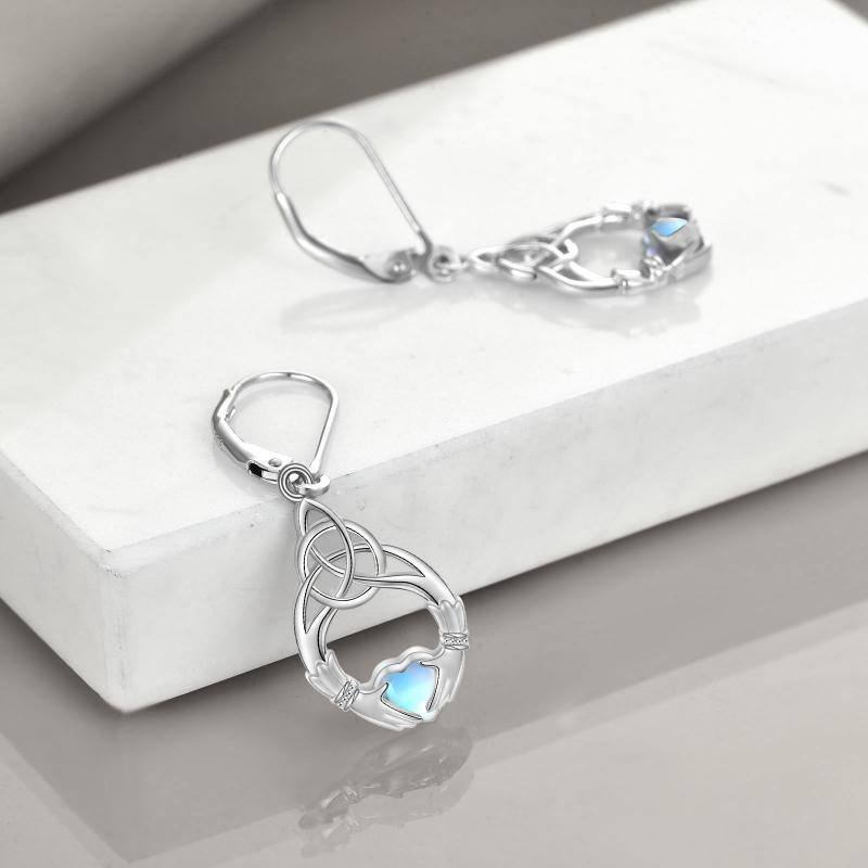 Boucles d'oreilles à levier en argent sterling avec cœur et pierre de lune et nœud celtique pour femme-4