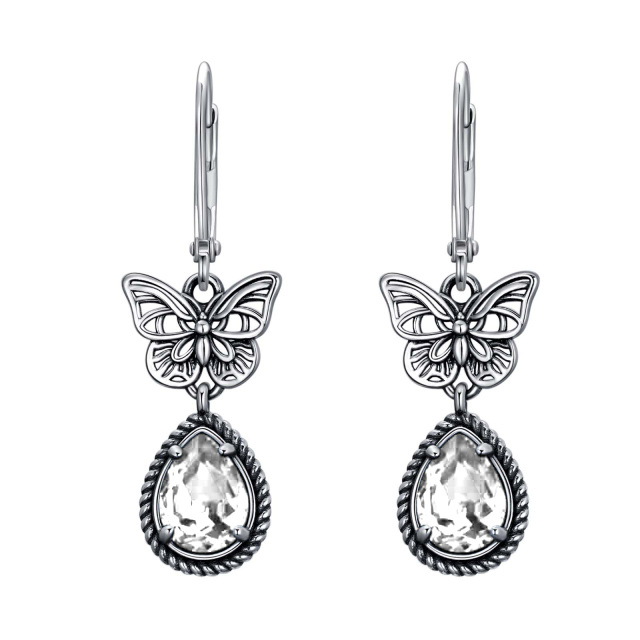 Sterling Silver Clear Pear Crystal Butterfly Lever-back Earrings for Women-1