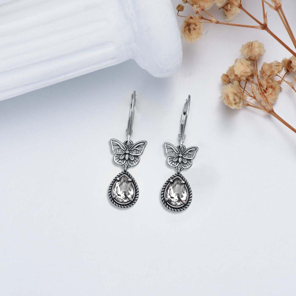 Boucles d'oreilles à levier en argent sterling avec cristal transparent en forme de poire et papillon pour femmes-3