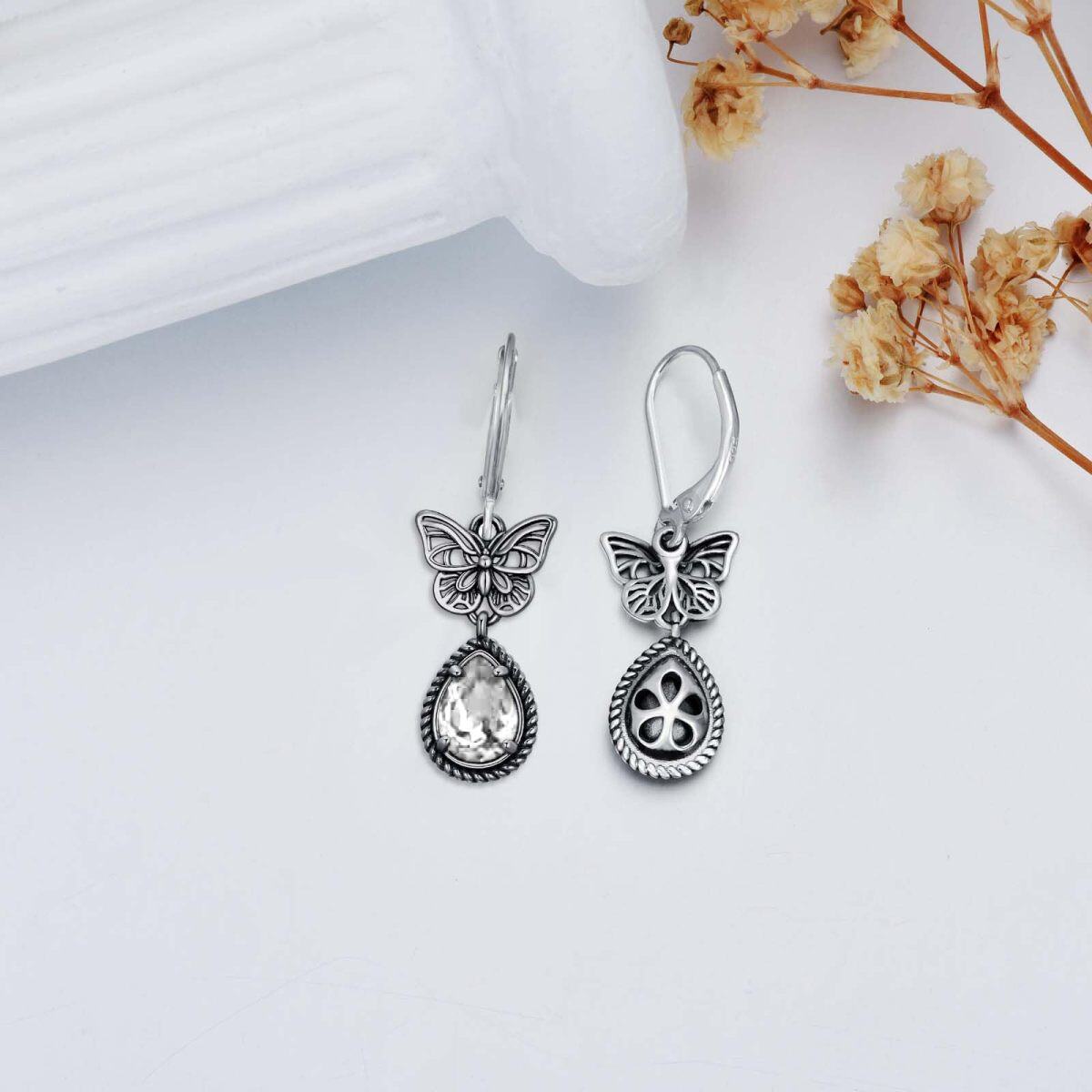 Sterling Silver Clear Pear Crystal Butterfly Lever-back Earrings for Women-4