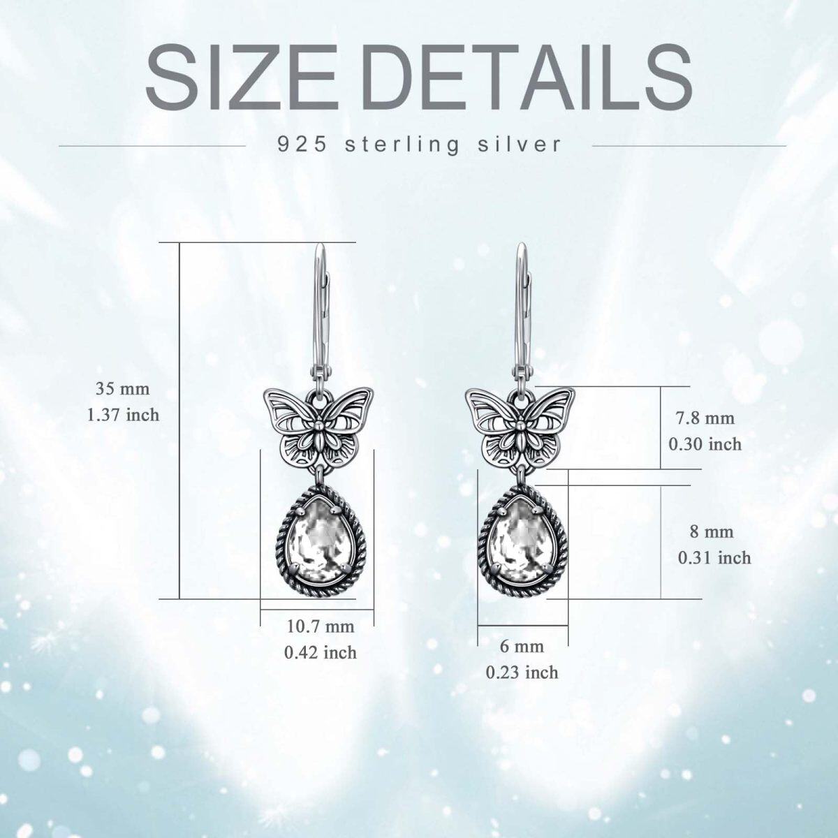 Sterling Silver Clear Pear Crystal Butterfly Lever-back Earrings for Women-5