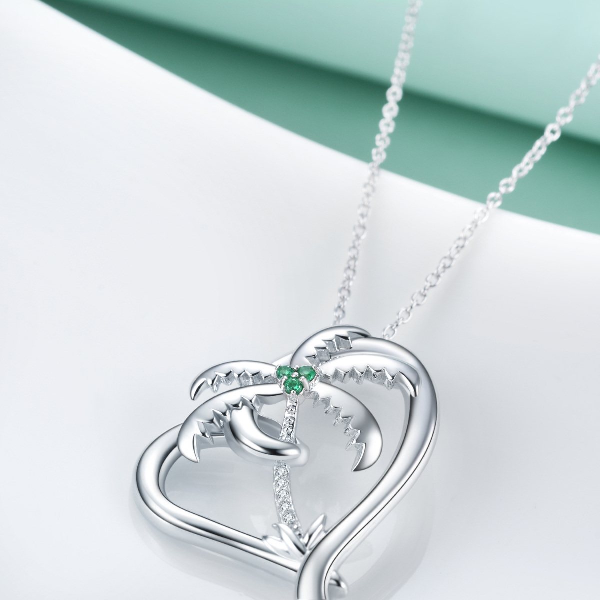 Sterling Silver Cubic Zirconia Coconut Tree & Heart Pendant Necklace-3