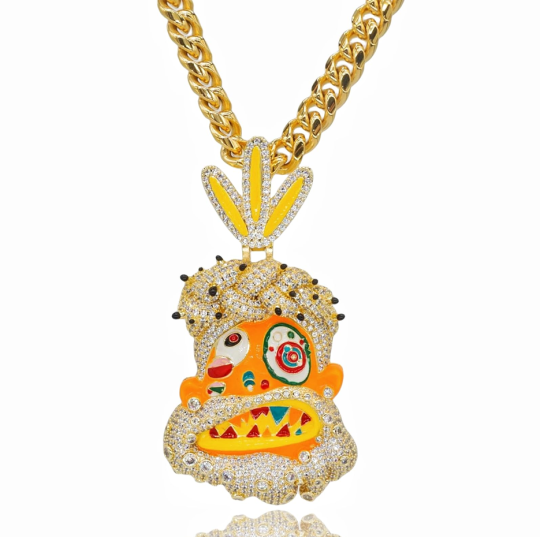 Collier chaîne cubaine en argent sterling avec pendentif chef de tribu mystérieux peint en émail à froid et zircone cubique