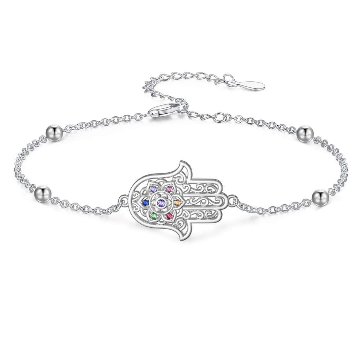 Sterling Silver Cubic Zirconia Lotus & Hamsa Hand Single Layer Charm Anklet-1