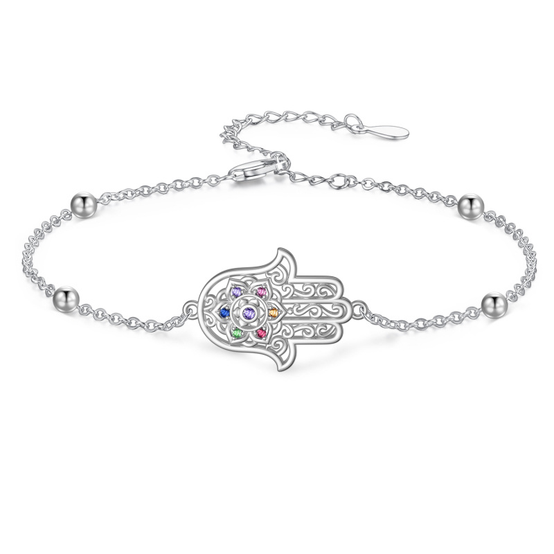 Sterling Silver Cubic Zirconia Lotus & Hamsa Hand Single Layer Charm Anklet-4