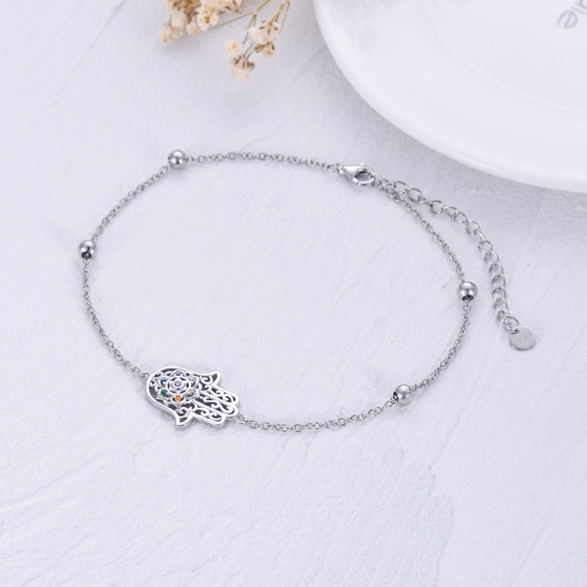 Sterling Silver Cubic Zirconia Lotus & Hamsa Hand Single Layer Charm Anklet-3