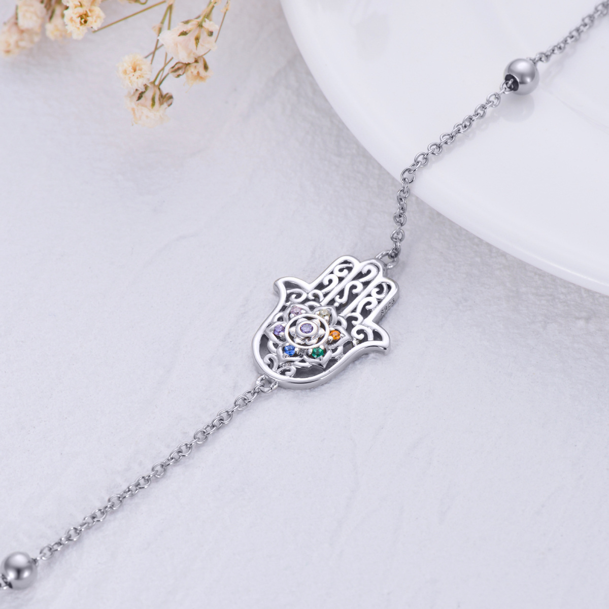 Sterling Silver Cubic Zirconia Lotus & Hamsa Hand Single Layer Charm Anklet-4