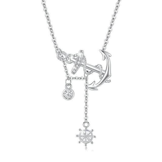 Collier en Y non réglable en argent sterling avec boussole, ancre, gouvernail, marin-1