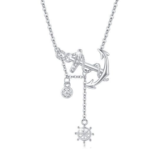 Sterling Silver Cubic Zirconia Compass Anchor Rudder Sailor Non-adjustable Y-Necklace