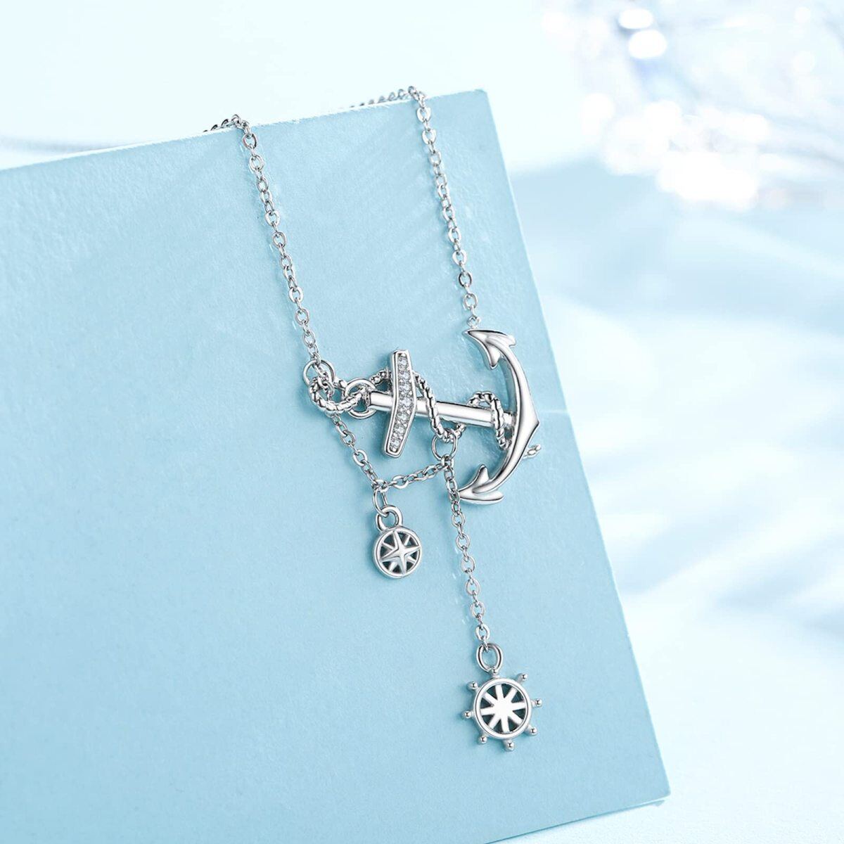 Sterling Silver Cubic Zirconia Compass Anchor Rudder Sailor Non-adjustable Y-Necklace-4