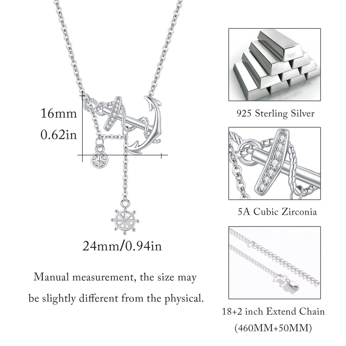 Sterling Silber Zirkonia Kompass Anker Ruder Seemann Nicht verstellbare Y-Halskette-5